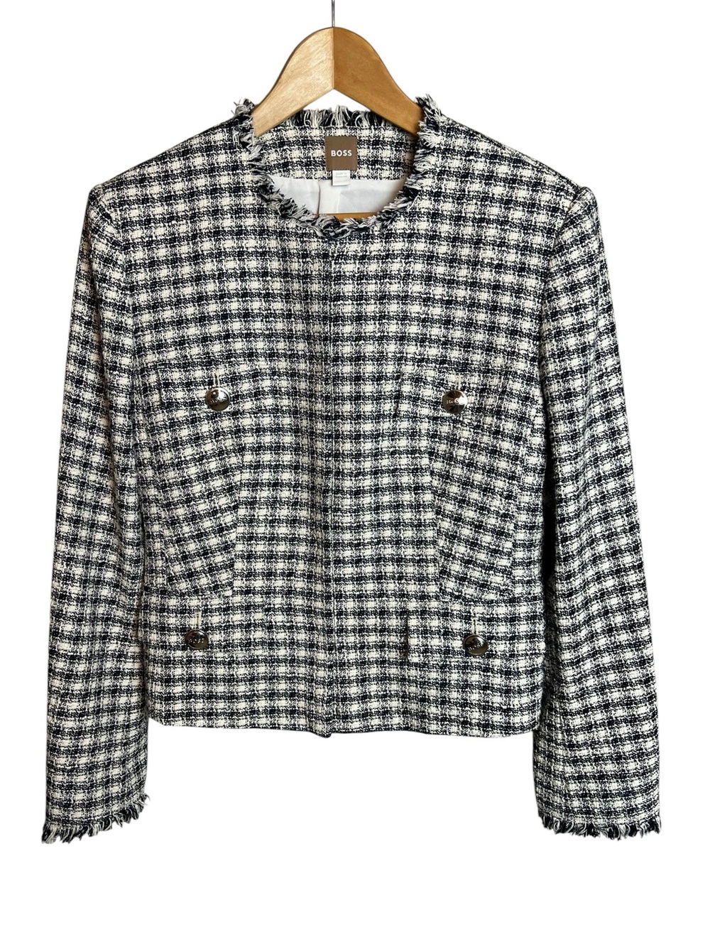BOSS Black & White Tweed Frayed-Trim Cropped Jacket Size 8